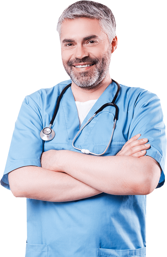 A Man In Blue Scrubs With Stethoscope Around His Neck