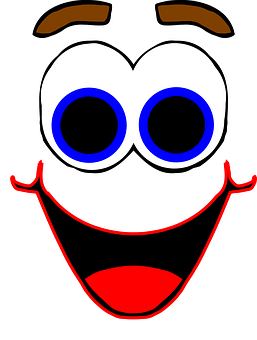 A Cartoon Face With Blue Eyes And Red Mouth