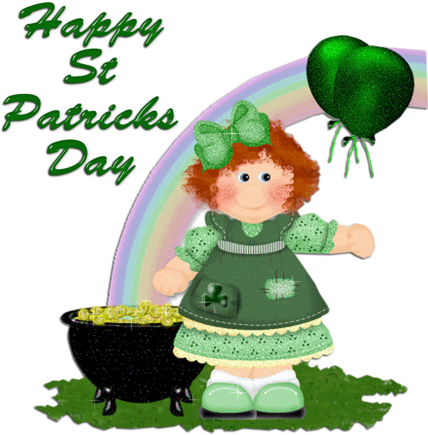 A Cartoon Of A Girl In Green Dress And A Pot Of Gold