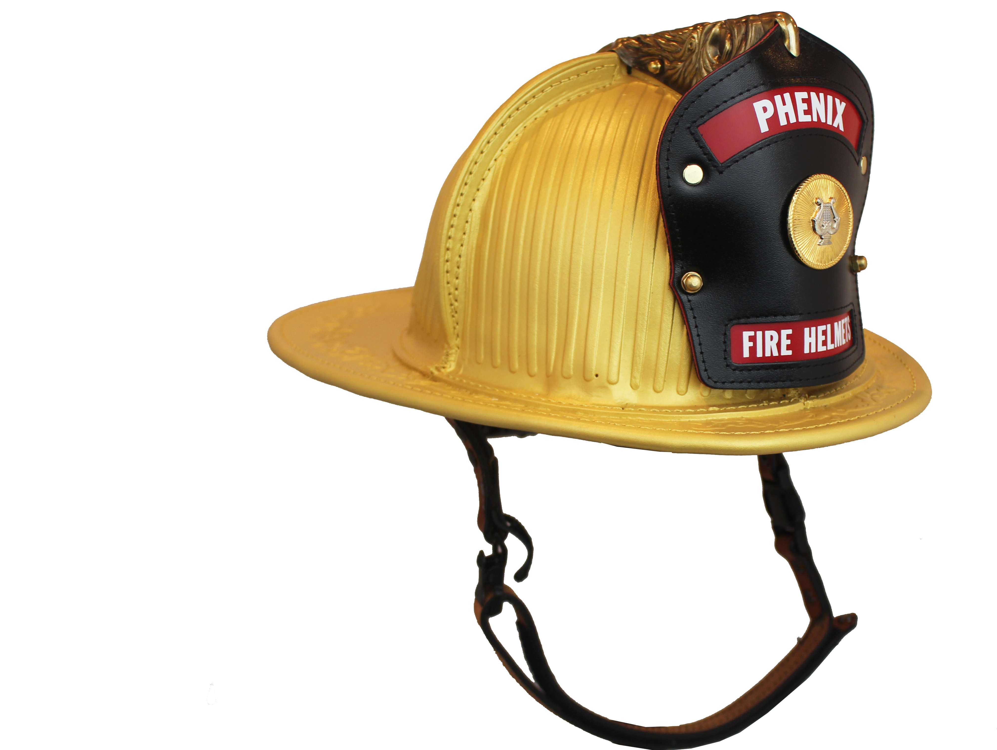 A Firefighter Hat With A Black Strap