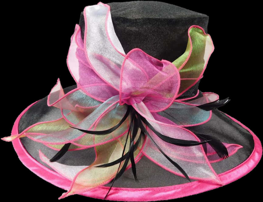 A Black Hat With Pink And Green Ribbon