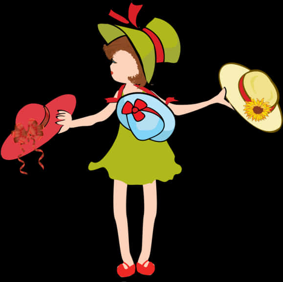 A Cartoon Of A Girl Holding Hats