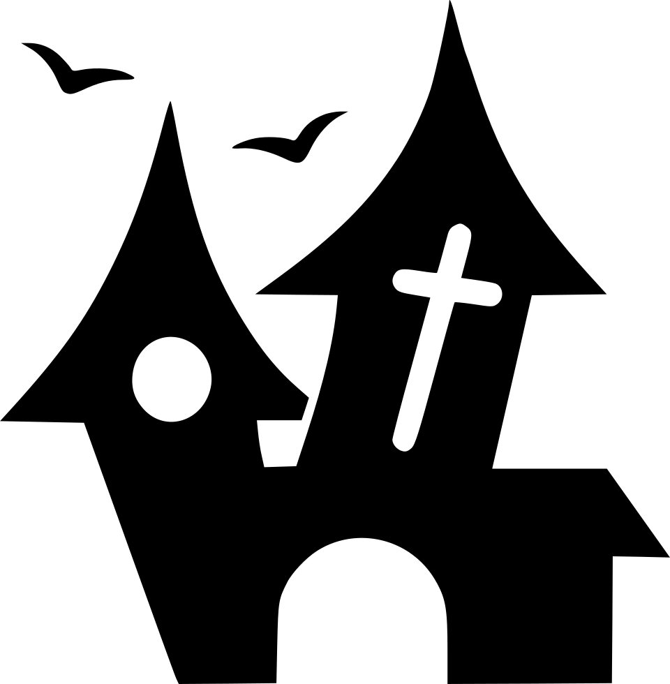 A Black And White Drawing Of A House With A Cross And Birds