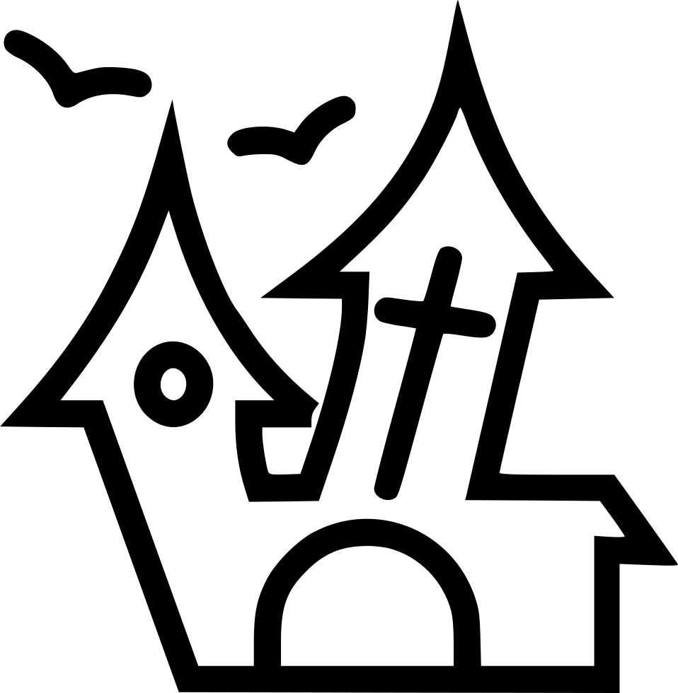 A Black Outline Of A Building With A Cross And Birds
