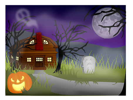 A Cartoon Of A House With A Ghost And A Pumpkin