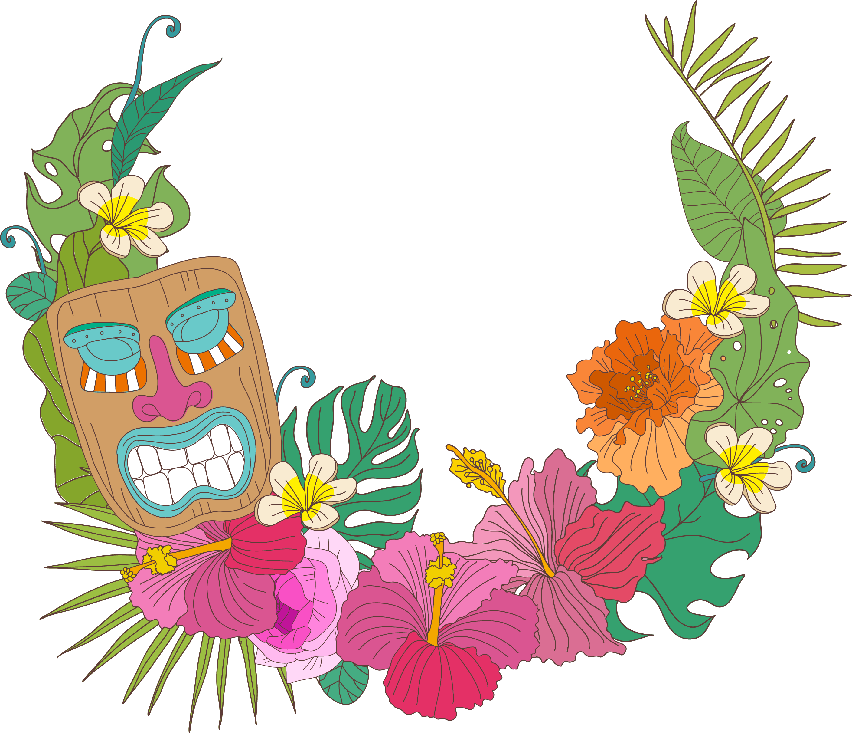 A Colorful Floral Wreath With A Mask And Flowers