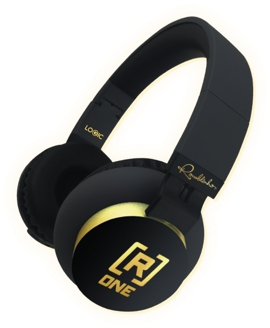 A Black Headphones With Gold Text