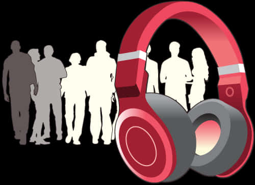 A Group Of People Standing In Front Of A Red Headphones