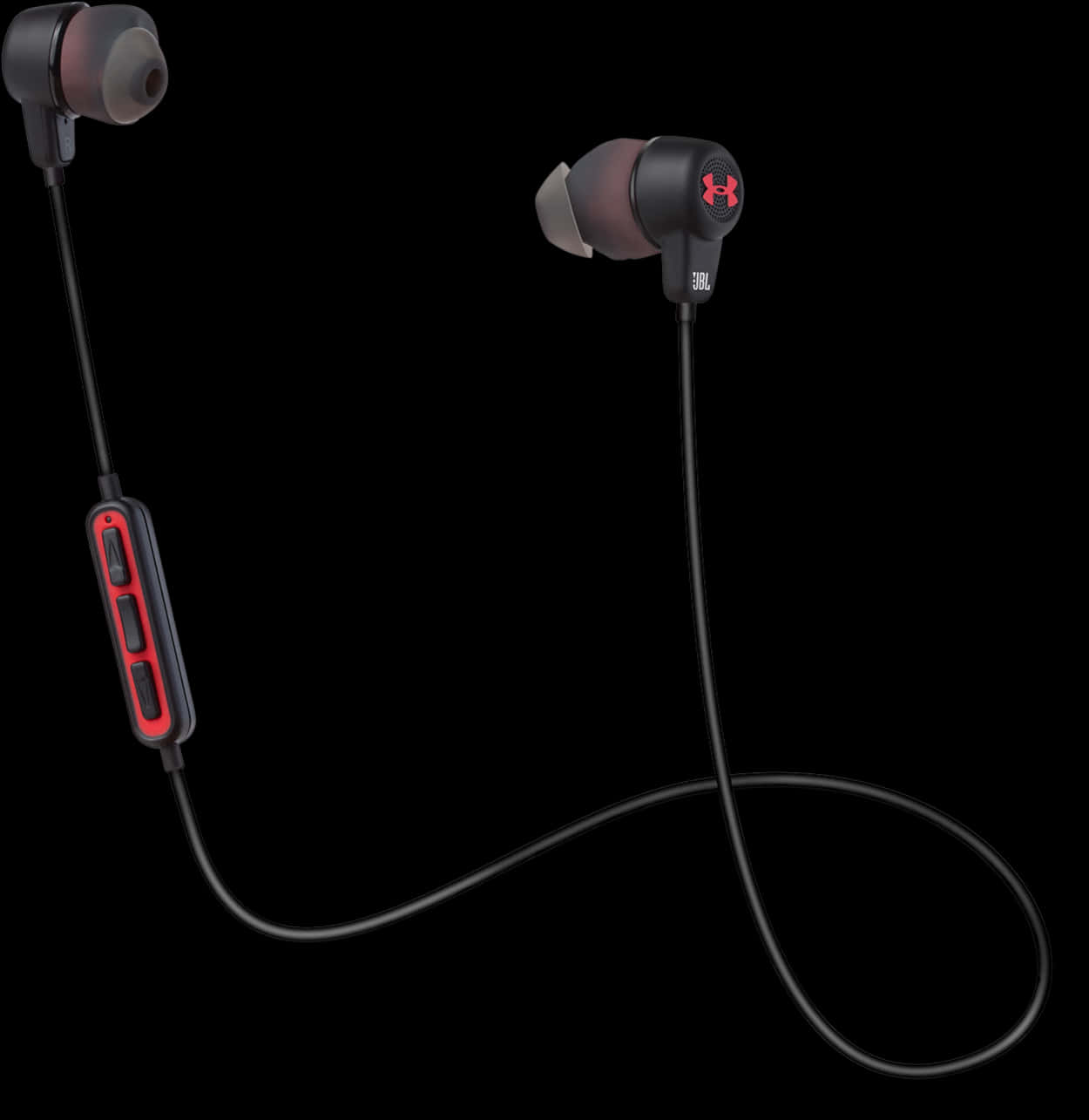 A Pair Of Black And Red Earbuds