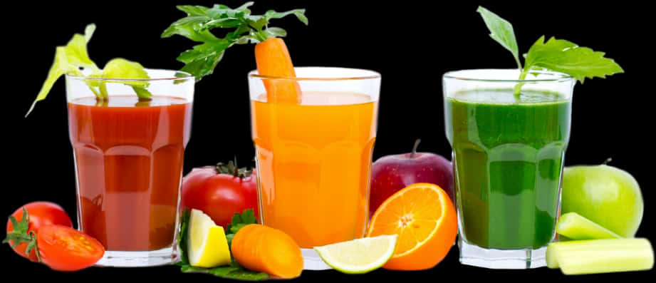 A Group Of Glasses Of Juice And Fruits