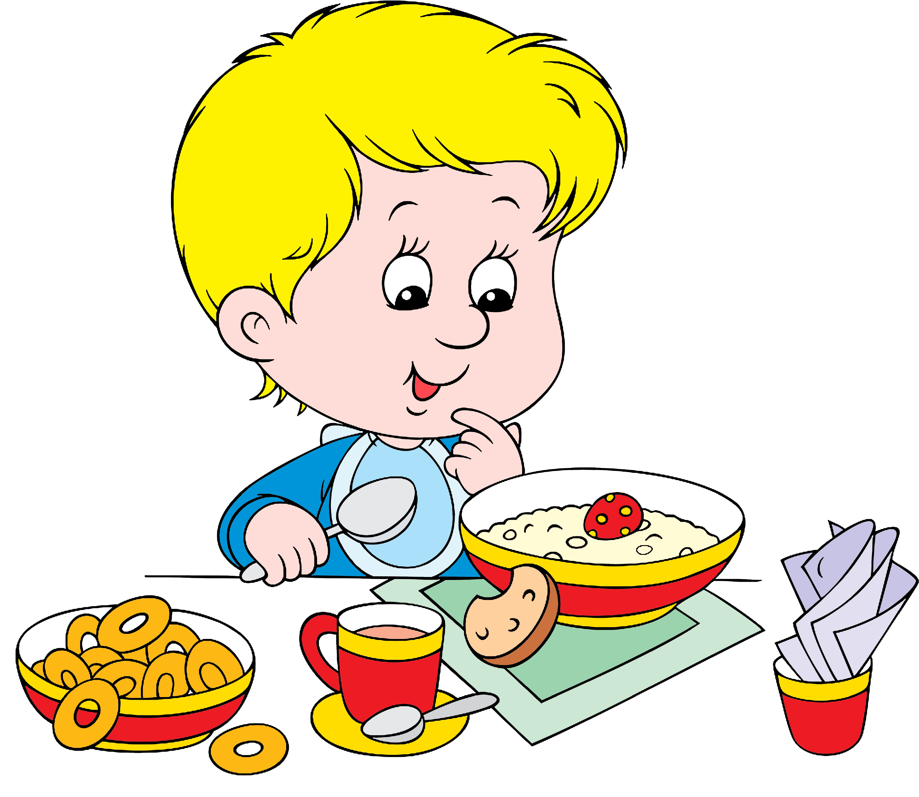A Cartoon Of A Boy Eating Breakfast