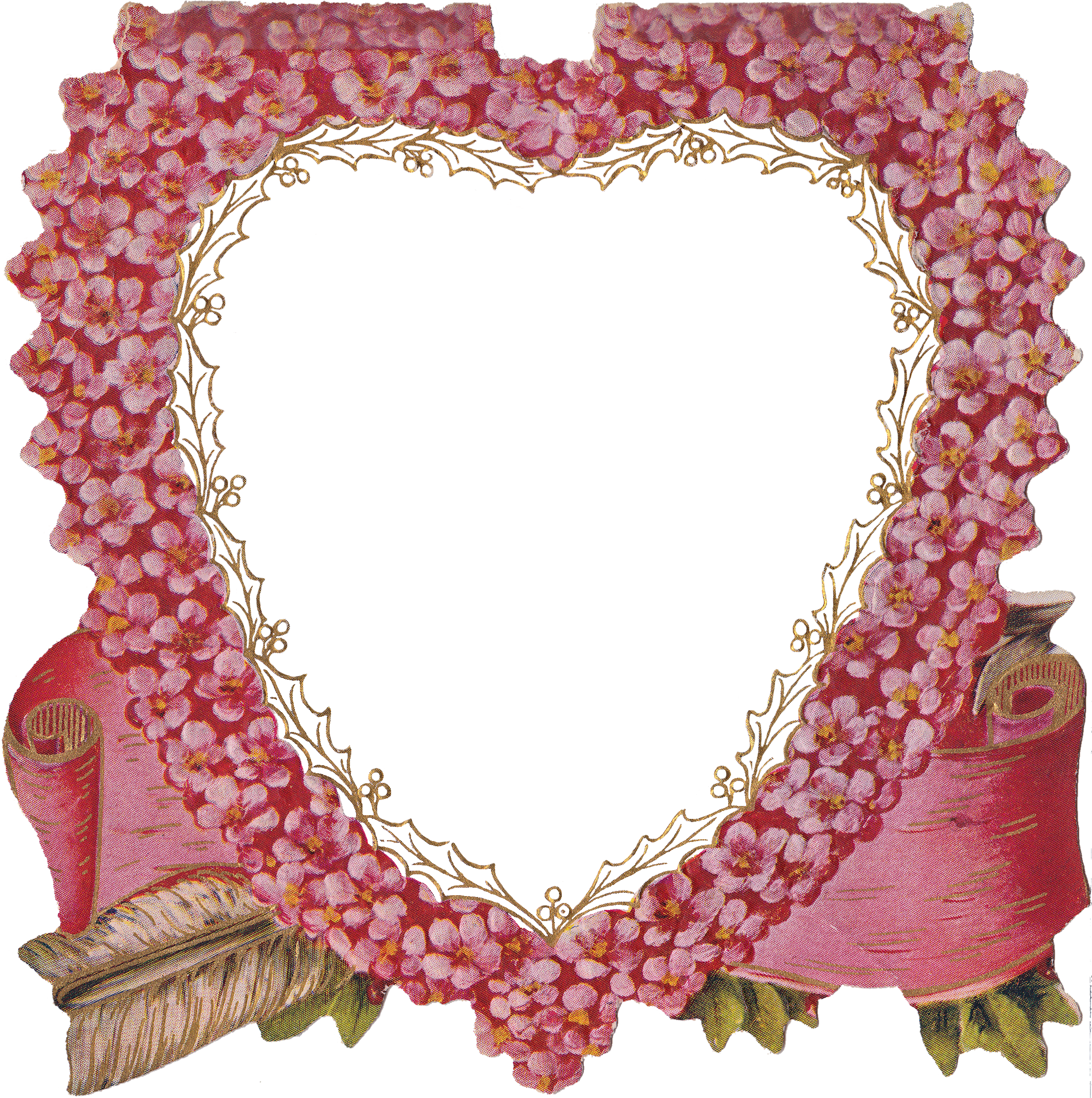 A Heart Shaped Picture Frame With Pink Flowers And A Ribbon