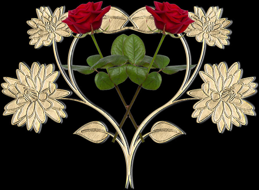 A Gold Floral Design With Red Roses