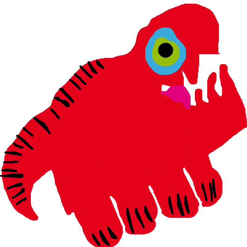 A Red Cartoon Animal With Green Eyes