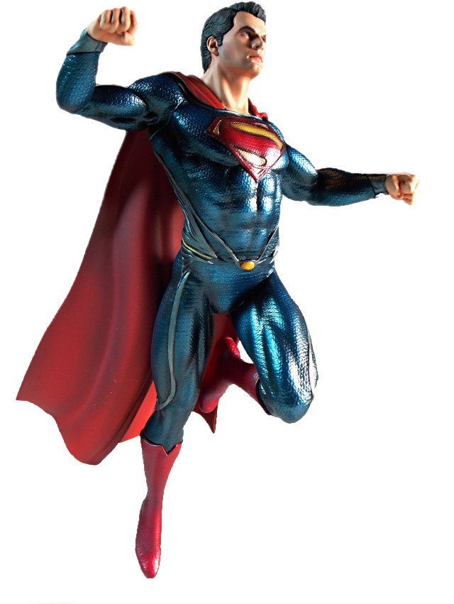 A Statue Of A Man In A Blue Suit And Red Cape