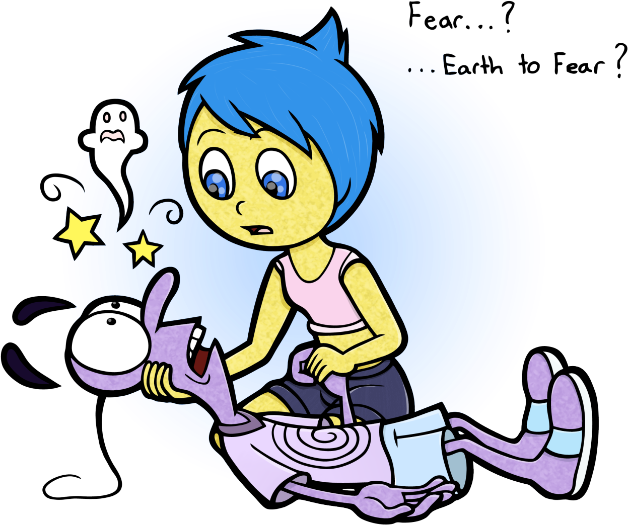 A Cartoon Of A Girl With Blue Hair And A Purple Robot