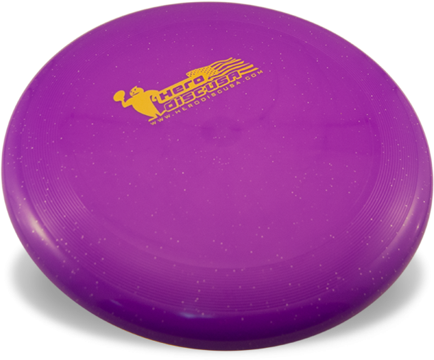 A Purple Frisbee With Yellow Text