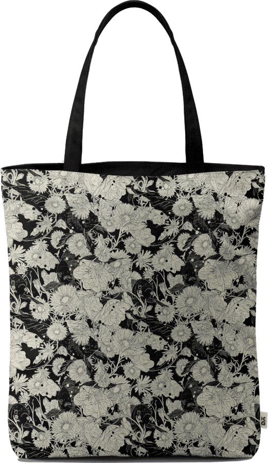 A Black And White Tote Bag With A Floral Design