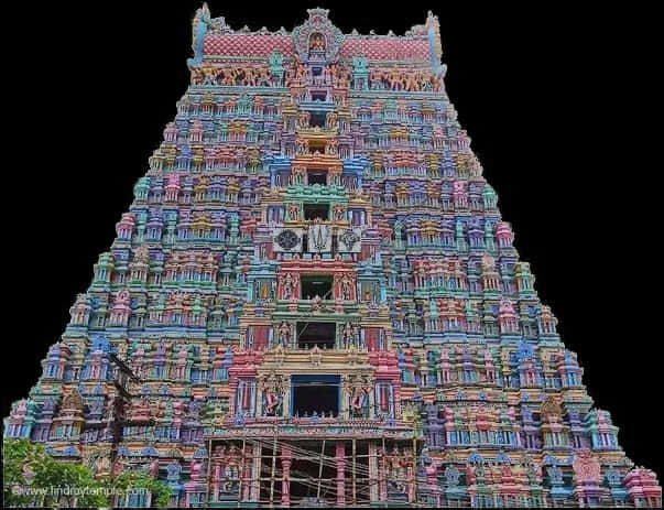 A Multicolored Building With Many Statues With Ranganathaswamy Temple, Srirangam In The Background