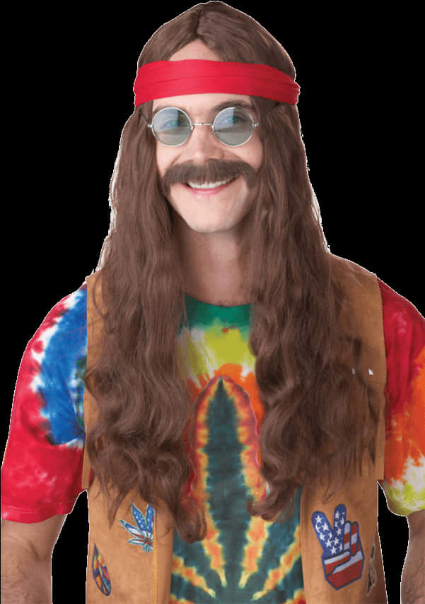 A Man With Long Hair And A Mustache Wearing A Tie Dye Shirt And Sunglasses