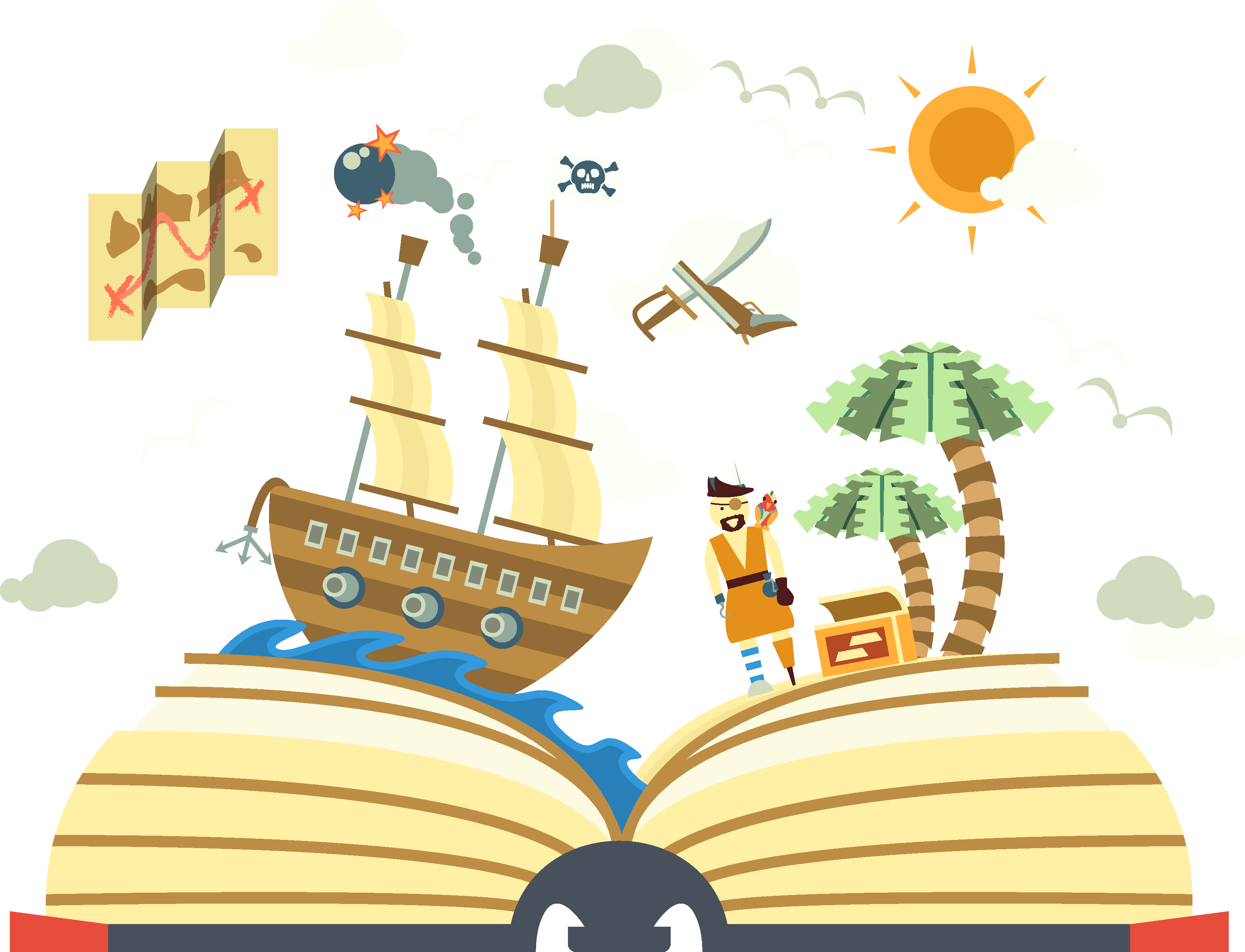 An Open Book With A Pirate Ship And Palm Trees