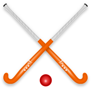 A Pair Of Crossed Hockey Sticks And A Red Ball