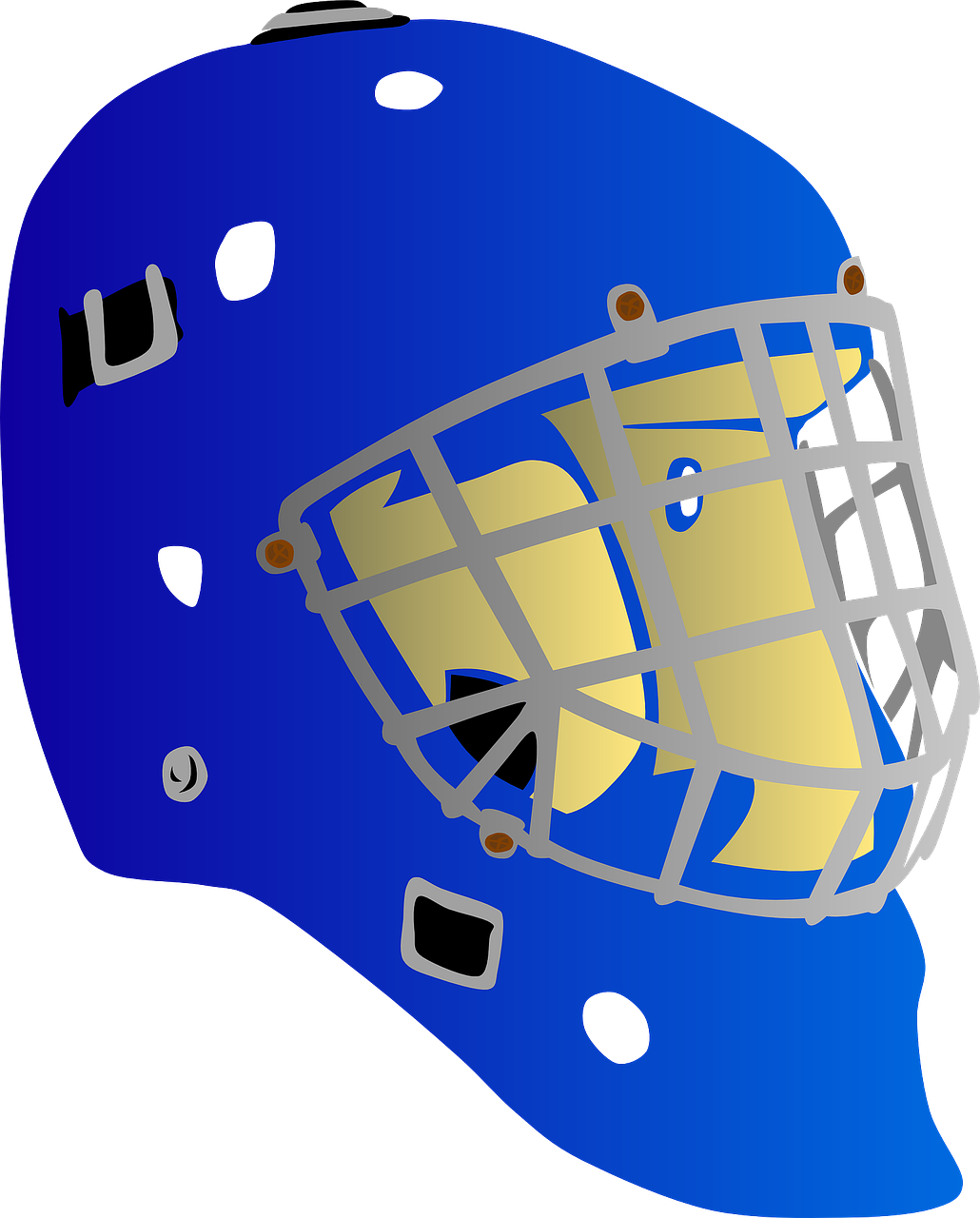 A Blue Helmet With A Yellow Face Mask