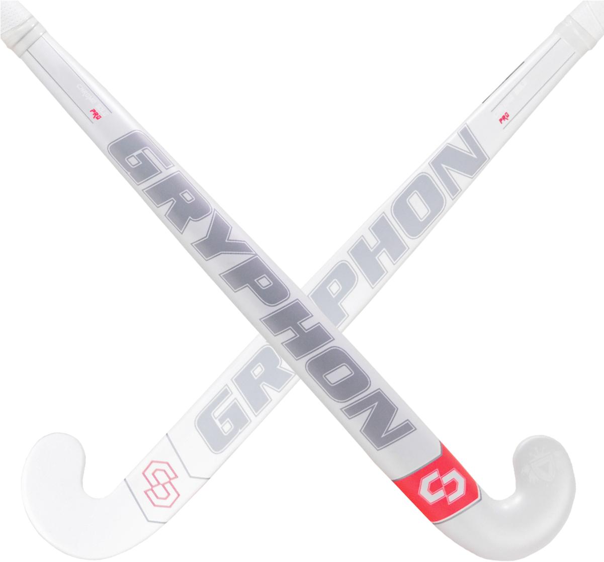 A Pair Of White And Grey Hockey Sticks Crossed