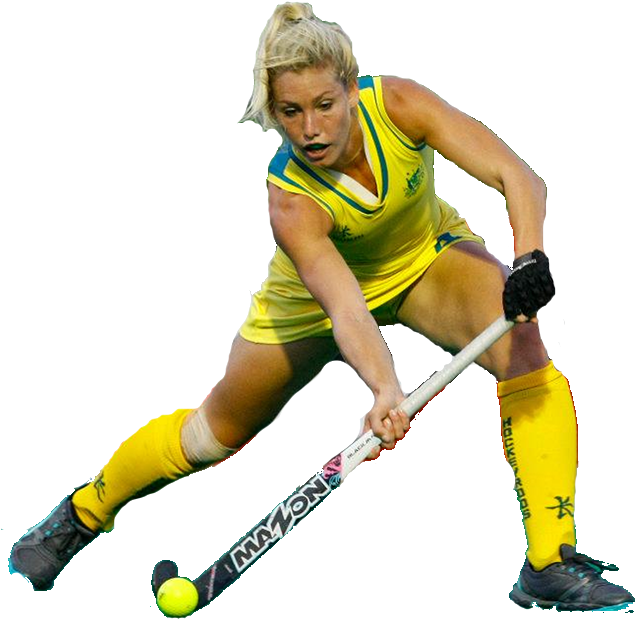 A Woman In Yellow Uniform With A Hockey Stick And Ball