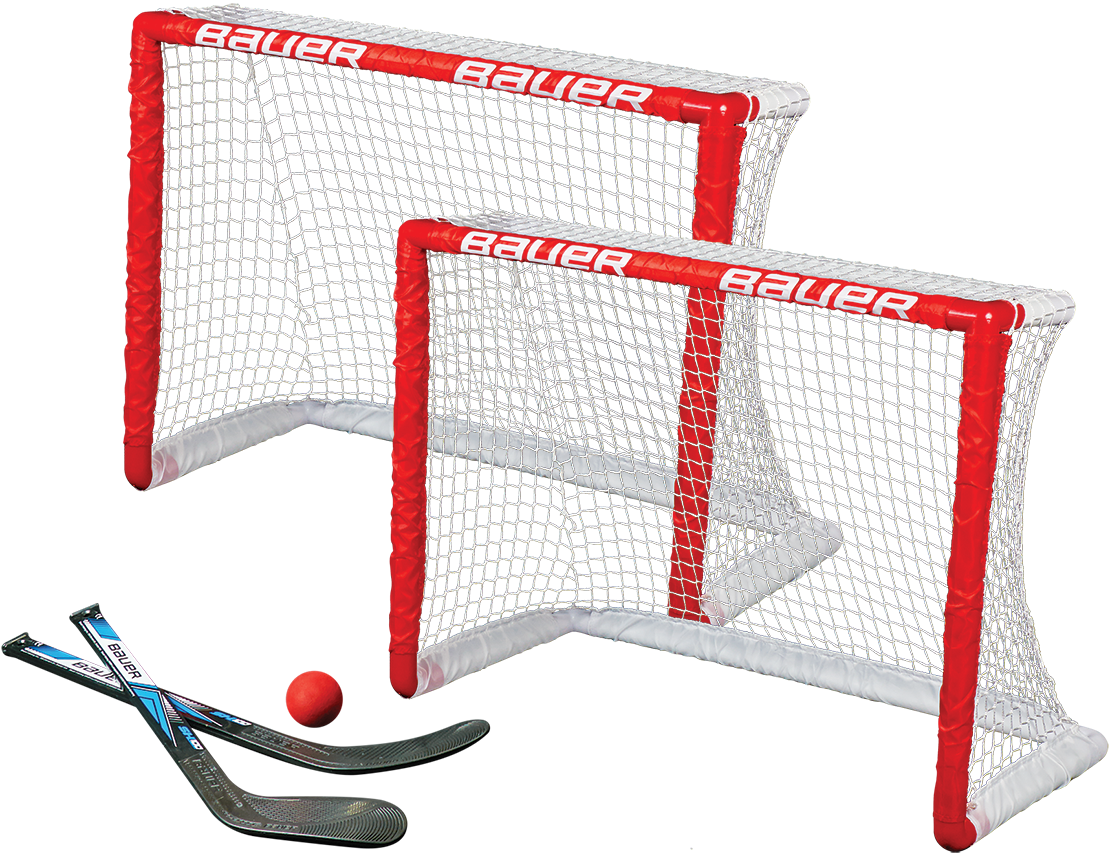 A Hockey Sticks And A Net With A Ball