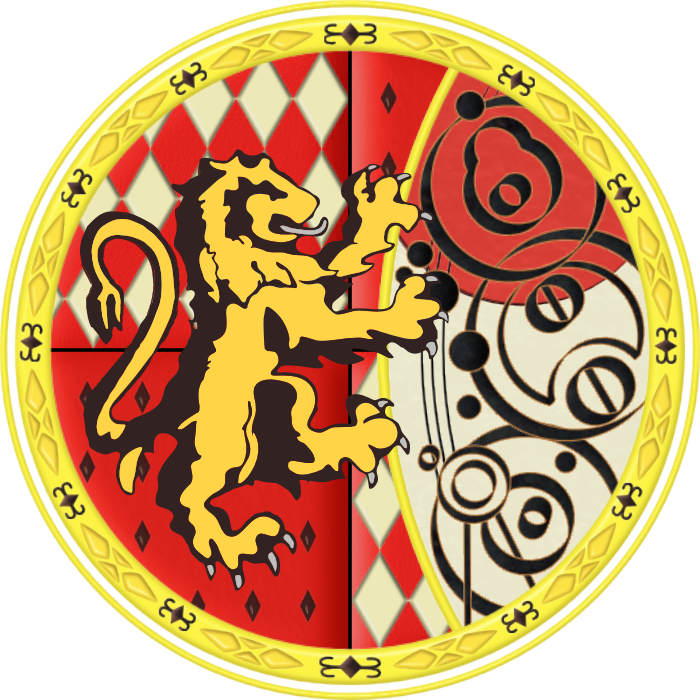 A Yellow Lion With A Red And White Design