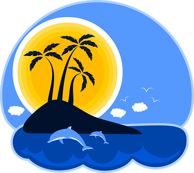 A Cartoon Of A Island With Palm Trees And Dolphins