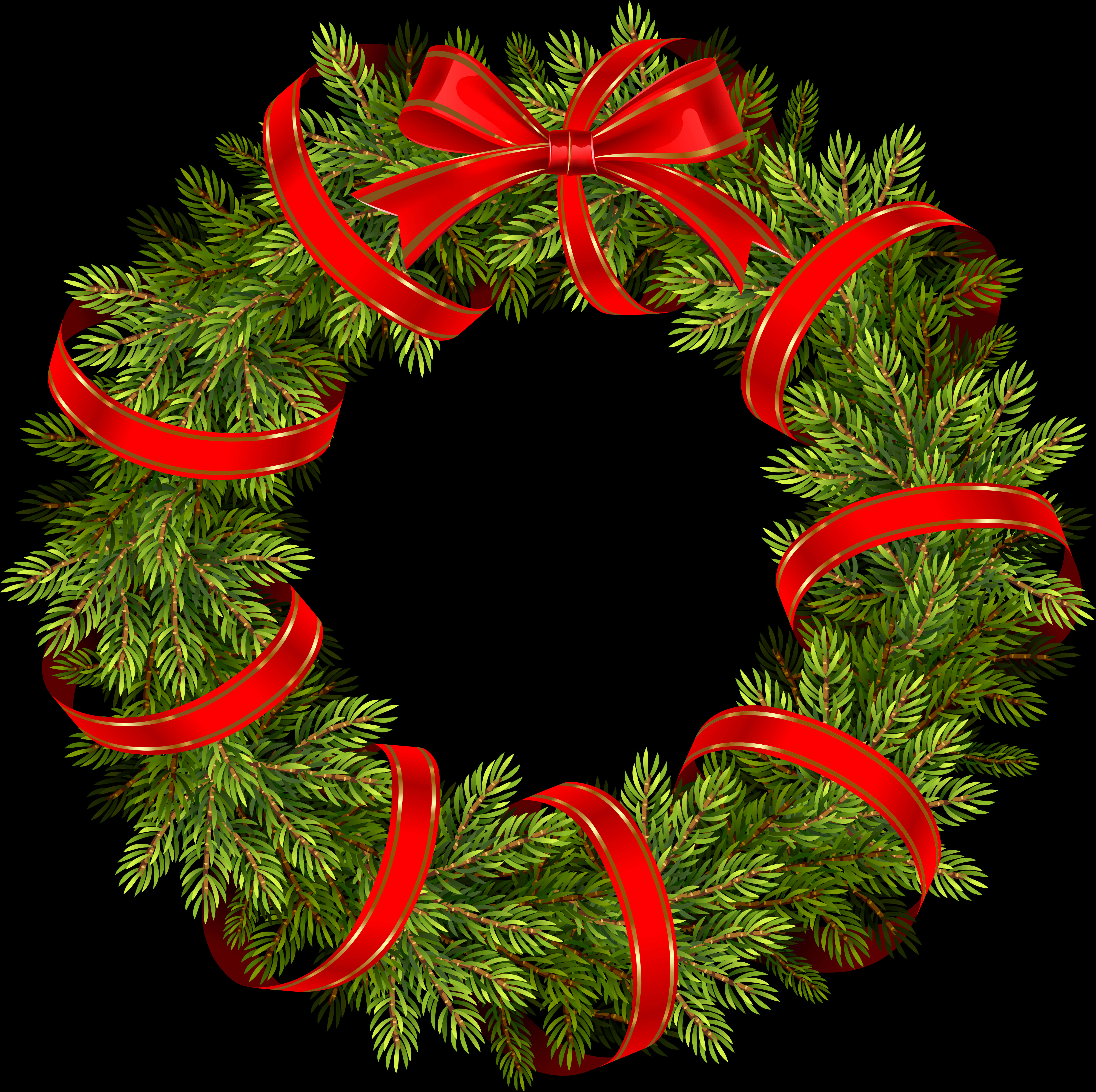 Christmas Wreath Wrapped With Red Ribbon
