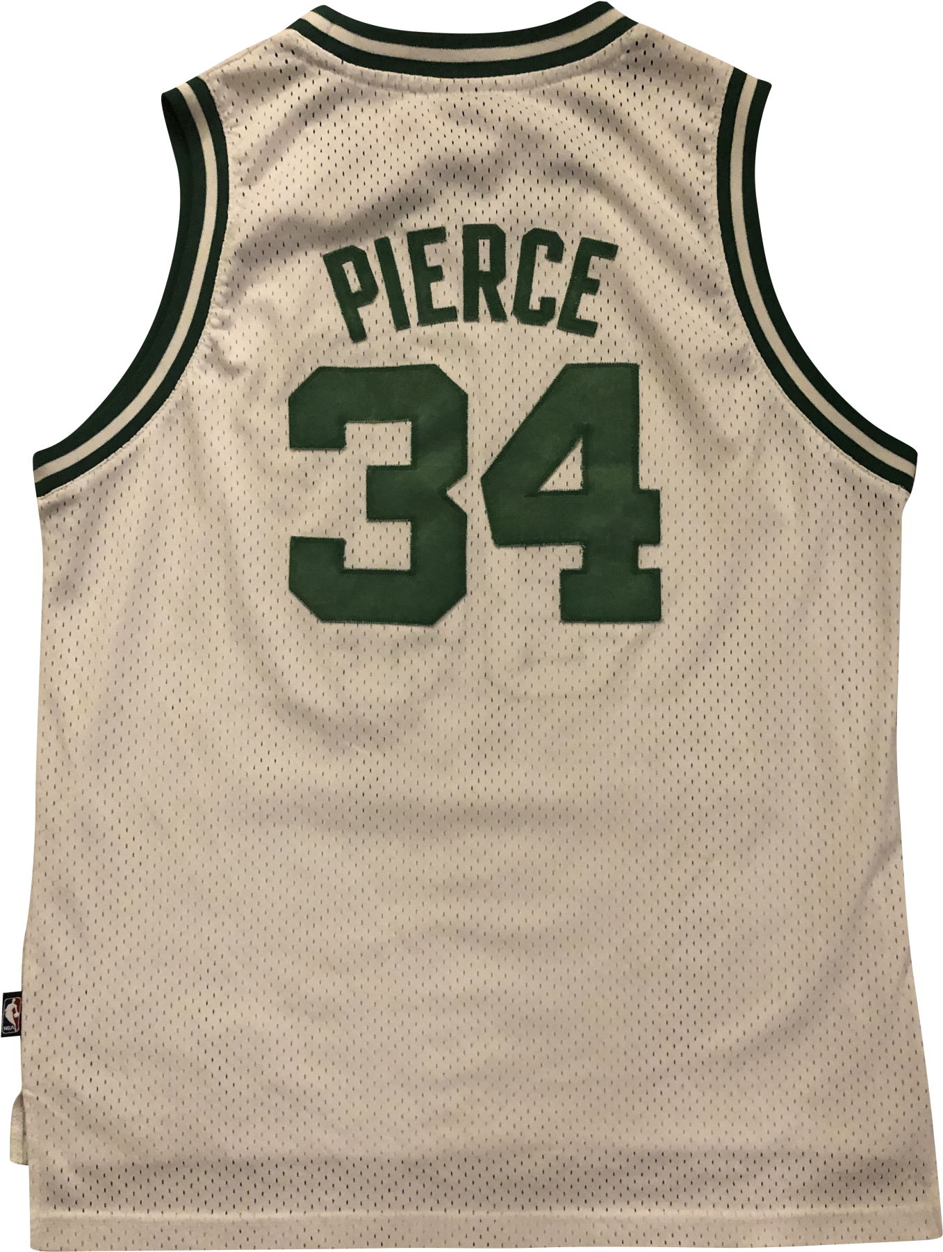 A White And Green Basketball Jersey With A Number And A Black Background