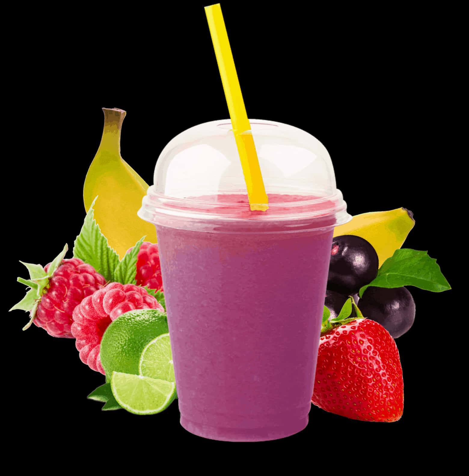 A Purple Smoothie With Straw In A Plastic Cup With Fruit