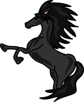 A Black Horse With Long Mane And Tail
