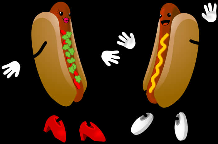 A Couple Of Hot Dogs With Hands And Feet