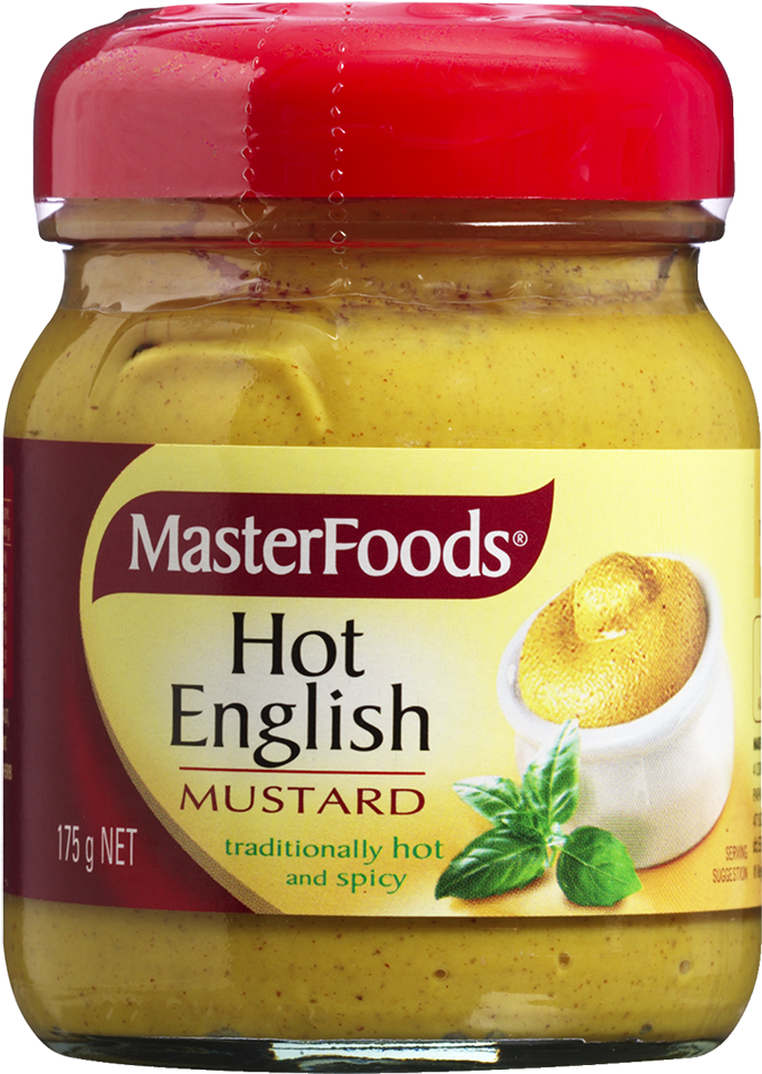 A Jar Of Mustard With A Red Lid