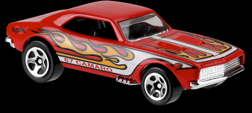 A Red Toy Car With Flames On It