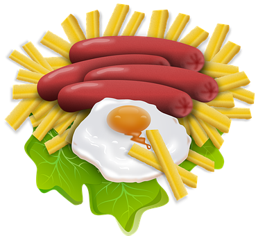 A Group Of Sausages And Eggs On A Leaf