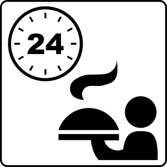 A Black And White Sign With A Clock And A Person Holding A Tray