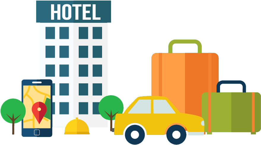 A Yellow Car And Luggage Next To A Hotel