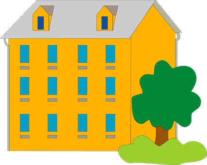 A Yellow Building With Blue Windows And A Tree