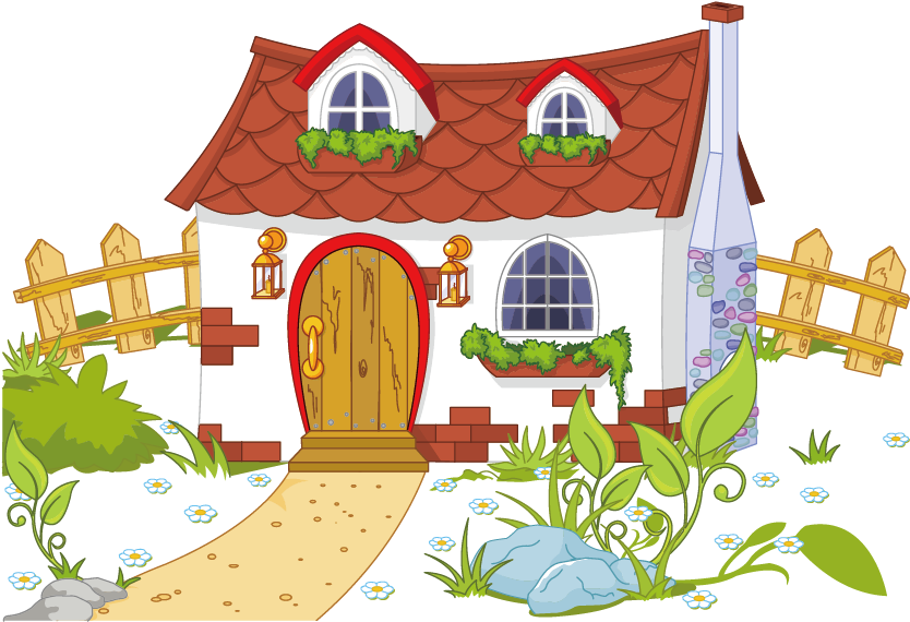 A Cartoon House With A Path And Plants