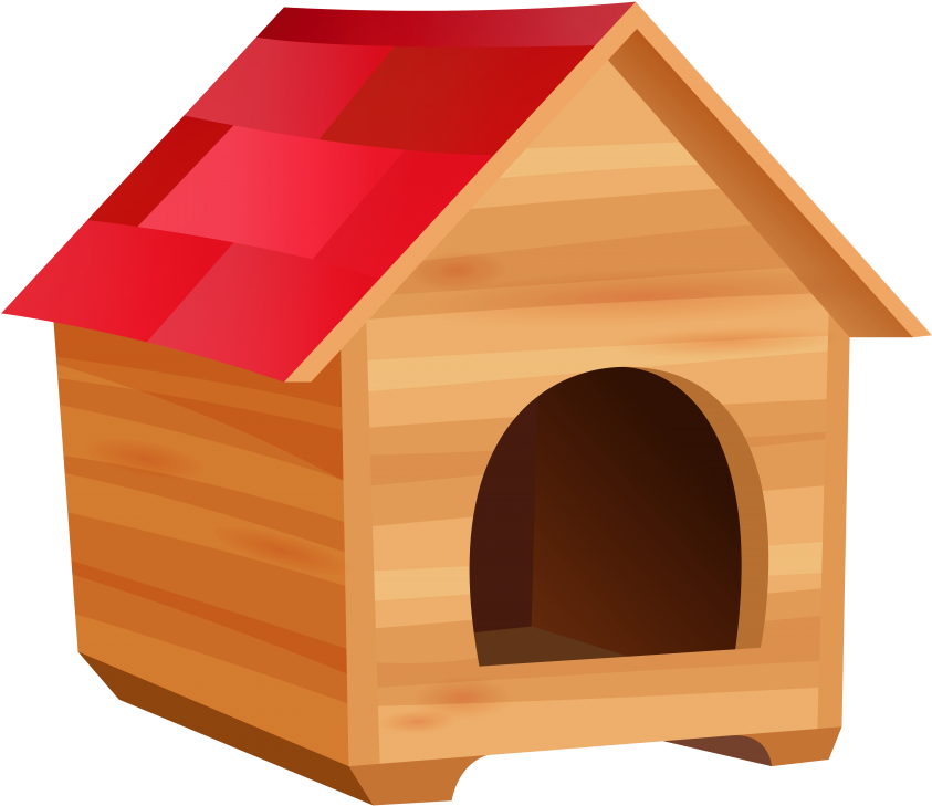 A Wooden Dog House With A Red Roof