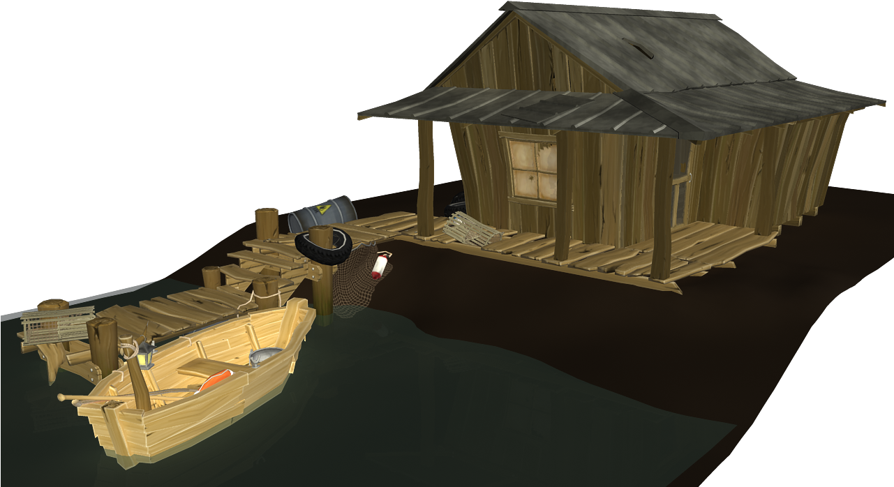 A Wooden House With A Boat And A Wooden Structure