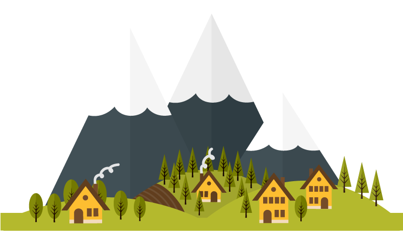 A Cartoon Of Houses And Mountains