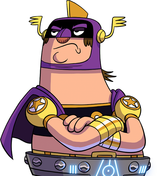Cartoon Character With A Purple Mask And Gold Objects