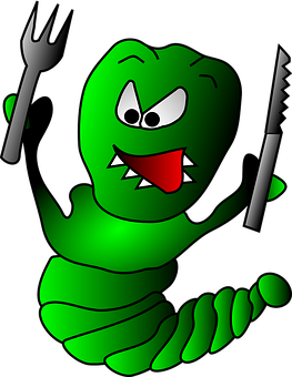 A Cartoon Of A Green Worm Holding A Knife And Fork