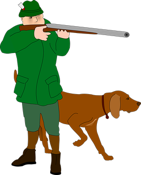 A Man Holding A Gun And Standing Next To A Dog